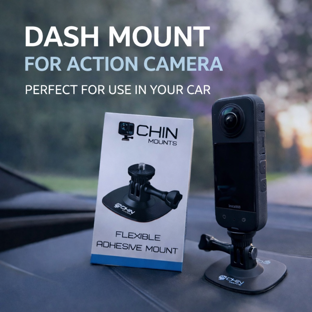 Dash mount for action camera with CHIN Mounts packaging on a car dashboard.