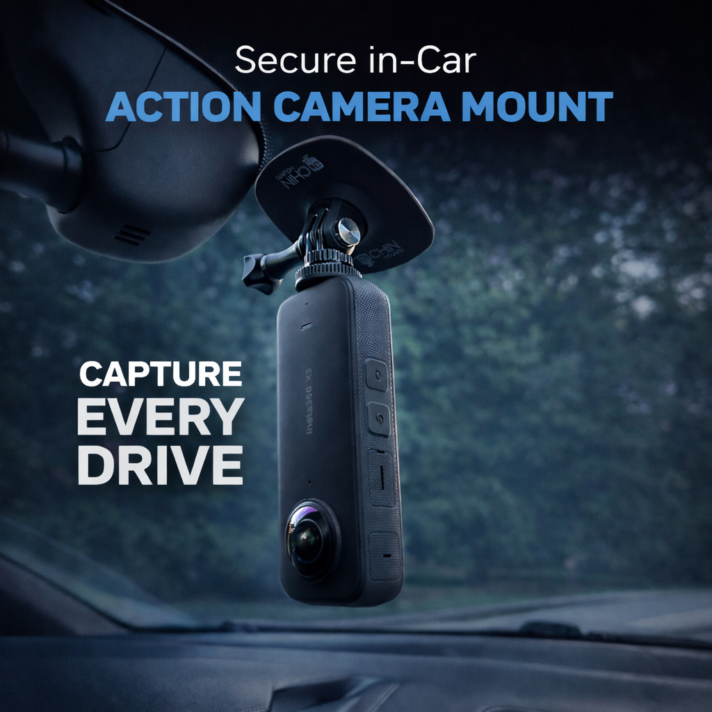 Action camera mounted on a car dashboard with text 'Secure in-car action camera mount' and 'Capture every drive'.
