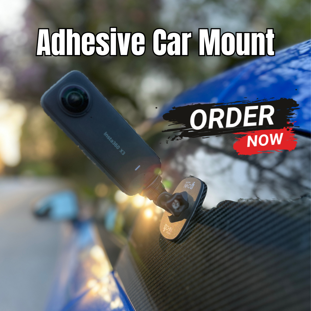 Adhesive car mount on a car window with 'ORDER NOW' text overlay.